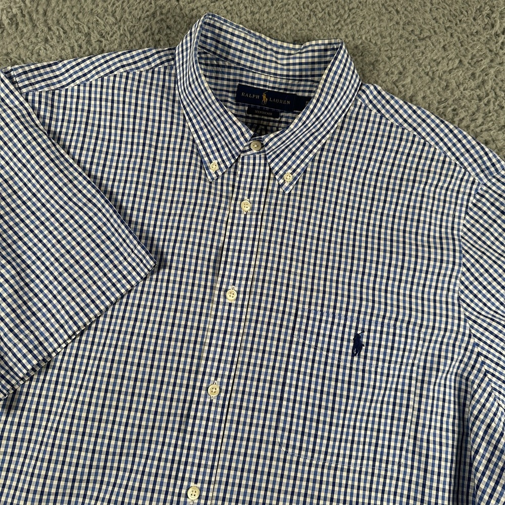 Ralph Lauren Seersucker‎ Shirt Men's 2XL Blue White Button Down Cotton SS